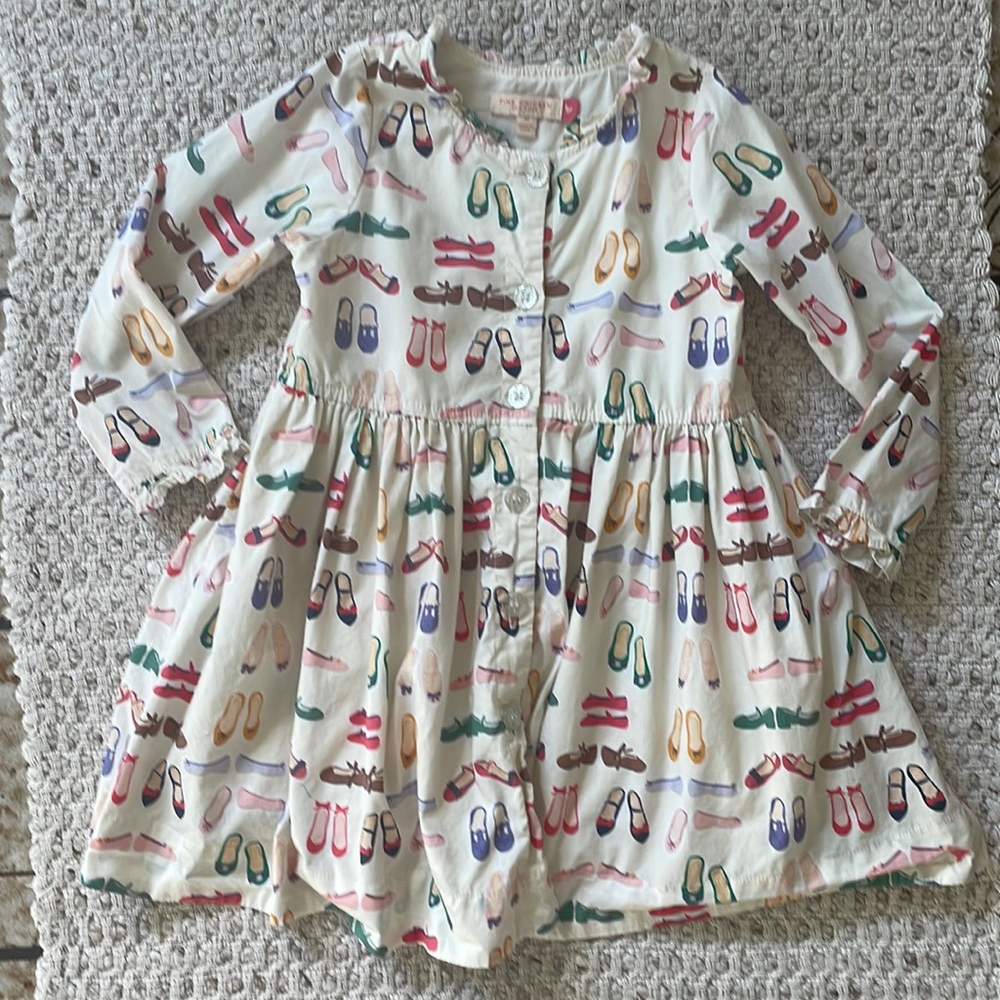 PINK CHICKEN shoe print, ruffle, trimmed dress